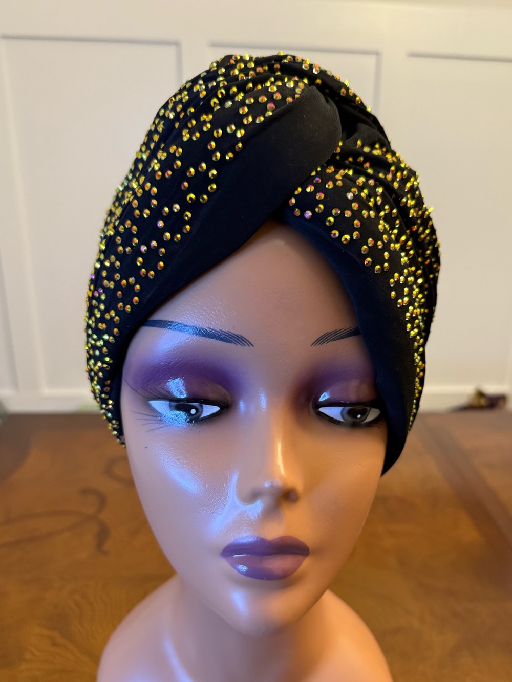 Embellished Black Turban Headwrap with Gold Accents
